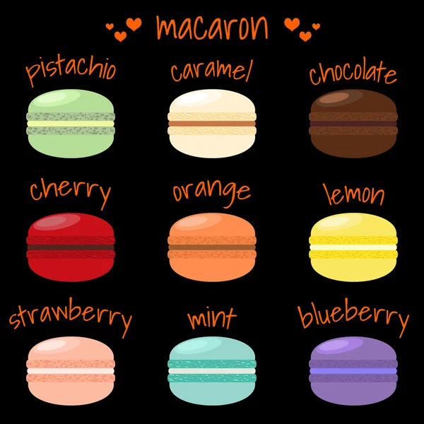 Macarons입니다. 귀여운 벡터 일러스트입니다. 검정색 배경 설정. — 스톡 벡터