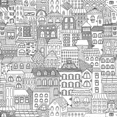 Siyah ve beyaz eskiz sorunsuz şehir panoraması.