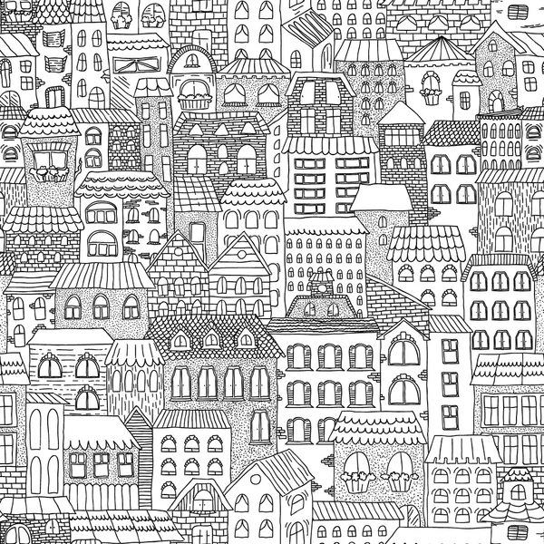 Schwarz-weiß skizziert nahtloses Stadtpanorama. — Stockvektor