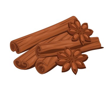 Tarçın çubukları ve yıldız anason çiçekleri. Yemek pişirmeye lezzet aromasını da ekle. Tarçın çubukları vektör şablonu