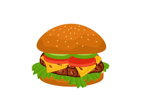 Projekt Ikony Wektora Hamburgera Pyszne Jedzenie Warzywami Wołowymi Serem Pomidorami — Wektor stockowy