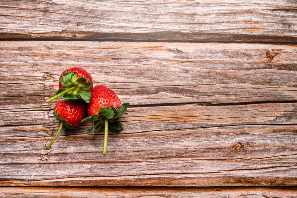 Fresh Strawberries Wood Background Vegan Food Top View Copy Space — Stock Photo, Image