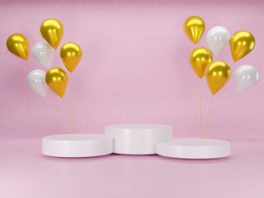Beyaz ve altın balonlu üç beyaz podyum. Ürün sunumu için minimum kaidesel kozmetik zemin. 3d oluşturma