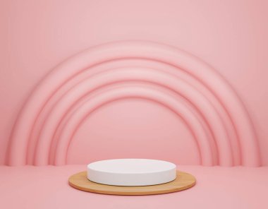 Pembe arka planda 3D podyum. Ürün standı veya ürün gösterimi için. Minimalist tarzda. 3B Hazırlama