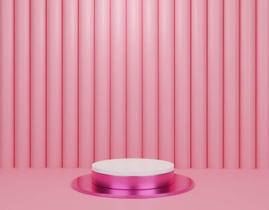 Pembe arka planda 3D podyum. Ürün standı veya ürün gösterimi için. Minimalist tarzda. 3B Hazırlama