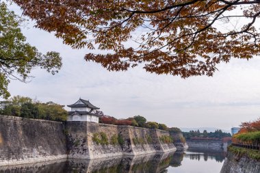 Japonya, Osaka, Japonya 'da sabah ışığı sırasında sonbahar renklerinde ağaçlarla birlikte sakin suların yanında duran tarihi şato - 24 Kasım 2025