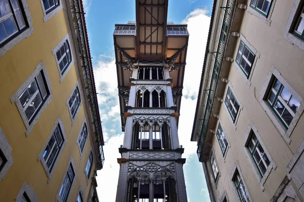 Lisbon, Portugal - 05-17-2019 - View of the Santa Justa lift between two buildings