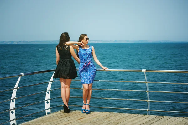 Twee meisjes op de achtergrond van het landschap van de zee — Stockfoto