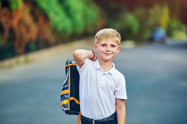 Estudiante de primaria con libros. Detrás de la mochila escolar del chico . — Foto de Stock