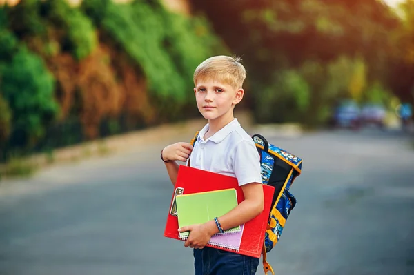 Studente della scuola elementare con libri. Dietro lo zaino della scuola del ragazzo . — Foto Stock