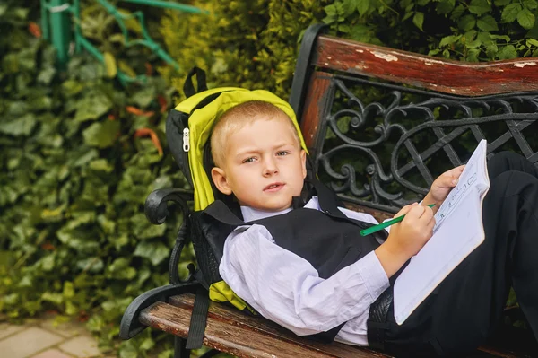 Aranyos fiú diák a parkban. Iskoláskor előtti oktatás — Stock Fotó