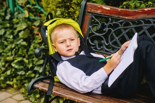 Mooie jongen pre schooler met een laptop in het Park. voorschoolse educatie — Stockfoto