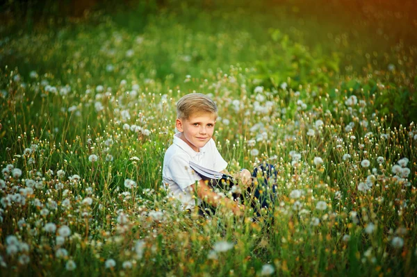 Porträt eines Jungen auf einem Feld mit Löwenzahn. — Stockfoto