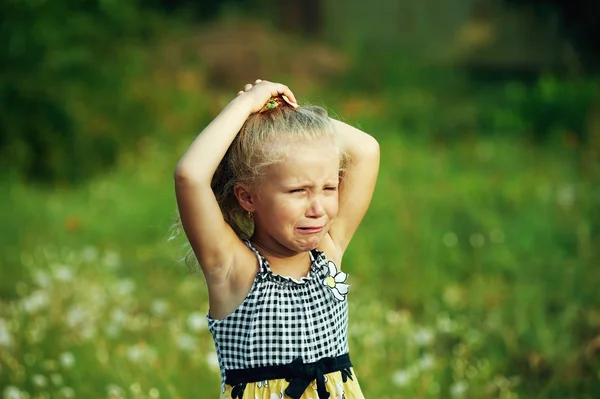 Little girl crying , on summer street . Closeup portrait — Stock Photo, Image