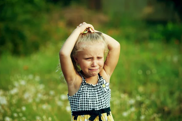 Little girl crying , on summer street . Closeup portrait — Stock Photo, Image