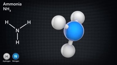 Amonyak (moleküler formül: NH3 veya H3N) renksiz alkali gazdır. Organik maddelerin çürümesi sırasında vücutta oluşur. 3 boyutlu görüntüleme. Kusursuz döngü. Top ve Çubuk kimyasal yapı modeli.