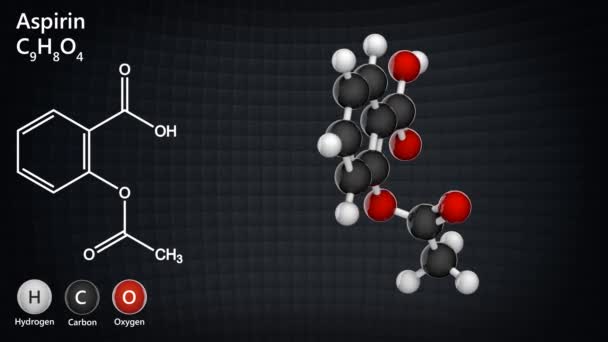 Молекулярные Шарики Палочки Аспирина Asa C9H8O4 Визуализация Бесшовный Цикл Модель — стоковое видео
