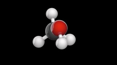 Metanol (diğerleri arasında metil alkol olarak da bilinir), CH3OH (genellikle MeOH olarak kısaltılır) formülü ile bir kimyasaldır. 3 boyutlu görüntüleme. Kusursuz döngü. Siyah arkaplanda izole edilmiş ve döndürülmüş.