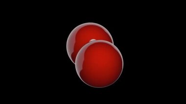 Oksijen, sembolü O ve atom numarası 8 olan kimyasal bir elementtir. 3 boyutlu görüntüleme. Kusursuz döngü. İzole edilmiş ve siyah arkaplanda dönüyor. Top ve Çubuk kimyasal yapı modeli.