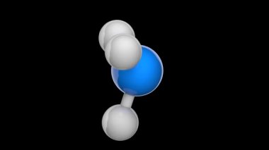 Amonyak (moleküler formül: NH3 veya H3N) renksiz alkali gazdır. 3 boyutlu görüntüleme. Kusursuz döngü. İzole edilmiş ve siyah arkaplanda dönüyor. Top ve Çubuk kimyasal yapı modeli.