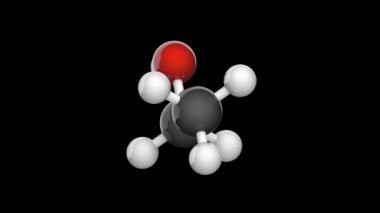 Yapısal kimyasal formül ve etanolün moleküler yapısı (alkol içme). Formül: C2H6O veya C2H5OH. 3 boyutlu görüntüleme. Kusursuz döngü. İzole edilmiş ve siyah arkaplanda dönüyor. Top ve Çubuk kimyasal yapı modeli.