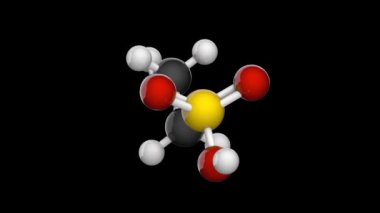 Taurinin moleküler yapısı (2-aminoethanesulfonik asit), C2H7NO3S. 3 boyutlu görüntüleme. Kusursuz döngü. İzole edilmiş ve siyah arkaplanda dönüyor. Top ve Çubuk kimyasal yapı modeli.