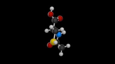 Asetilsisteinin moleküler yapısı (ayrıca N-asetilsistein veya NAC olarak da bilinir). 3 boyutlu görüntüleme. Kusursuz döngü. İzole edilmiş ve siyah arkaplanda dönüyor. Top ve Çubuk kimyasal yapı modeli.