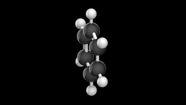 C6H6 ベンゾル ベンゼン 3Dレンダリング シームレスなループだ 黒い背景で隔離され 回転しています ボールと棒の化学構造モデル — ストック動画