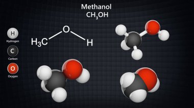 Metanol (diğerleri arasında metil alkol olarak da bilinir), CH3OH (genellikle MeOH olarak kısaltılır) formülü ile bir kimyasaldır. Kimyasal yapı modeli: Top ve Çubuk + Taşak + Boşluk Doldurma. 3B illüstrasyon.