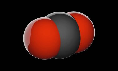 Karbondioksit (formülü CO2) renksiz, kokusuz bir gazdır. Nefes alma sürecinde oluşur. Kimyasal yapı modeli: boşluk doldurma. Üç boyutlu illüstrasyon. Siyah arkaplanda izole.