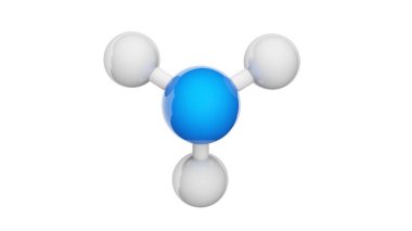 Amonyak (moleküler formül: NH3 veya H3N) renksiz alkali gazdır. Kimyasal yapı modeli, top ve sopa. Üç boyutlu illüstrasyon. Beyaz arkaplanda izole.