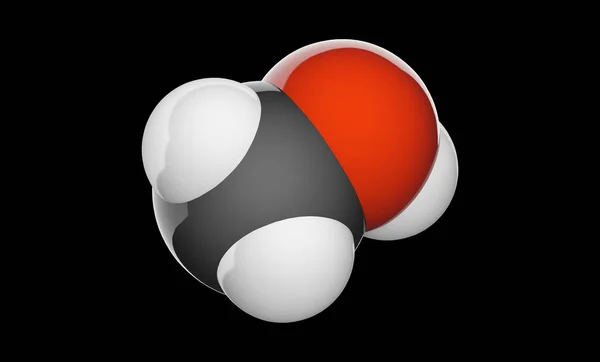 也被称为甲醇等 是一种化学式为Ch3Oh 通常缩写为Meoh 的化学品 化学结构模型 空间填充 3D插图 黑色背景 — 图库照片