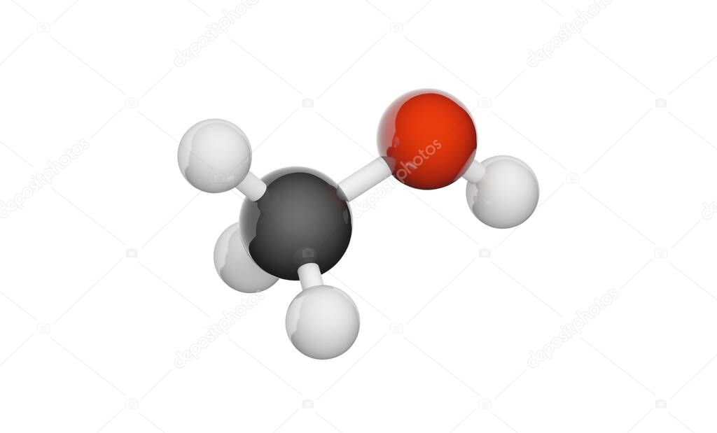 Methanol, also known as methyl alcohol among others, is a chemical with the formula CH3OH (often abbreviated MeOH). Chemical structure model: Ball and Stick. 3D illustration. White background.