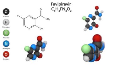 Favipiravir antiviral bir ilaçtır. RNA virüslerine karşı aktif. COVID-193D üretime karşı potansiyel bir ilaç. Kusursuz döngü. Kimyasal yapı modeli: Top ve Çubuk + Toplar + Boşluk Doldurma.