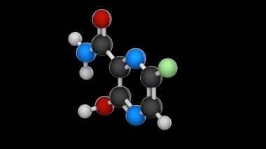 Favipiravir antiviral bir ilaçtır. RNA virüslerine karşı aktif. COVID-193D üretime karşı potansiyel bir ilaç. Kusursuz döngü. Kimyasal yapı modeli, top ve sopa. RGB + Alpha (Şeffaf) kanalı.