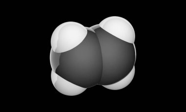 Yapısal kimyasal formül ve Etilen 'in moleküler yapısı (C2H4). Kimyasal yapı modeli: boşluk doldurma. Üç boyutlu illüstrasyon. Siyah arkaplanda izole.