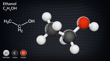 Yapısal kimyasal formül ve etanolün moleküler yapısı (alkol içme). Formül: C2H6O veya C2H5OH. Kimyasal yapı modeli, top ve sopa. 3B illüstrasyon.