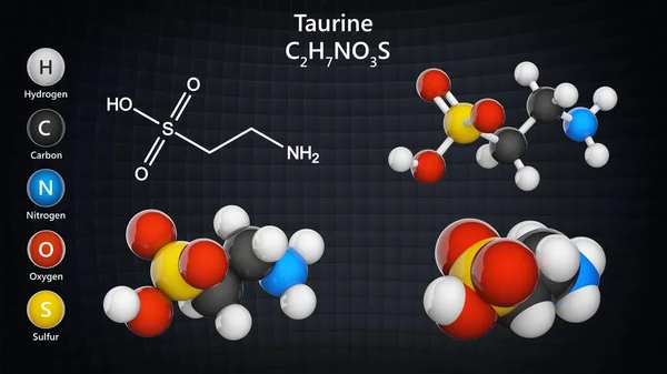 Молекулярна Структура Таурину Аміноецульфонова Кислота C2H7No3S Модель Хімічної Структури Куля — стокове фото