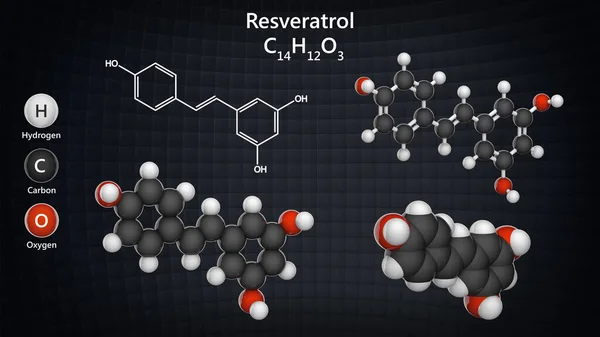 Молекулярна Структура Ресвератролу Антиоксидантна Потенційна Хіміопродуктивна Активність C14H12O3 Модель Хімічної — стокове фото
