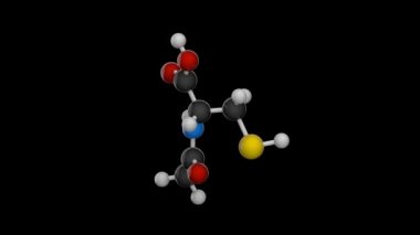 Asetilsisteinin moleküler yapısı (ayrıca N-asetilsistein veya NAC olarak da bilinir). C5H9NO3S. Kusursuz döngü. Siyah arkaplanda izole edilmiş ve döndürülmüş + şeffaf kanal (alfa kanal)).