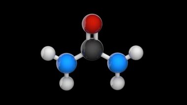 Urea, kimyasal formülü CH4N2O olan organik bir bileşiktir. 3 boyutlu görüntüleme. Kusursuz döngü. Siyah arkaplanda izole edilmiş ve döndürülmüş + şeffaf kanal (alfa kanal)).