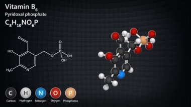 B6 vitamini (Pyridoksal fosfat) moleküler yapısı. 3 boyutlu görüntüleme. Kusursuz döngü. Kimyasal yapı modeli: Top ve Sopa.