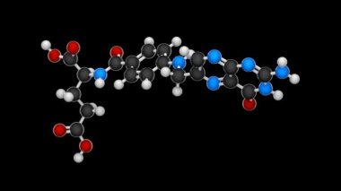 B9 vitamini (Folate). Ayrıca Folacin olarak da bilinir ve tarihsel olarak M vitamini olarak da bilinir. Kusursuz döngü. Kimyasal yapı modeli, top ve sopa. RGB + Alpha (Şeffaf) kanalı.