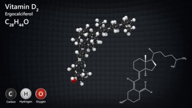 D2 vitamininin kimyasal yapısı (Ergocalciferol). Viosterol olarak da bilinir. Formül, C28H44O. 3 boyutlu görüntüleme. Kusursuz döngü. Kimyasal yapı modeli: Top ve Sopa.