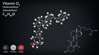 D3 vitamininin kimyasal yapısı (Cholecalciferol). Formül: C27H44O. 3 boyutlu görüntüleme. Kusursuz döngü. Kimyasal yapı modeli: Top ve Sopa.