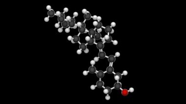 D2 vitamininin kimyasal yapısı (Ergocalciferol). Viosterol olarak da bilinir. Formül, C28H44O. 3 boyutlu görüntüleme. Kusursuz döngü. Kimyasal yapı modeli, top ve sopa. RGB + Alpha (Şeffaf) kanalı.