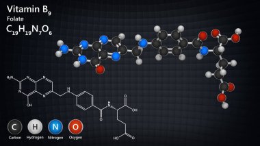 B9 vitamini (Folate). Ayrıca Folacin olarak da bilinir, ve tarihsel olarak M. 3D illüstrasyon vitamini. Kimyasal yapı modeli: Top ve Sopa.