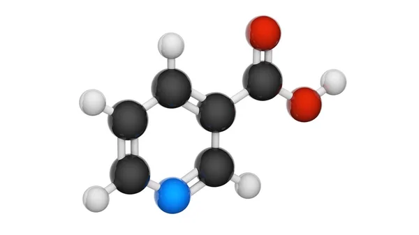 维生素B3 尼古丁酰胺 也被称为烟酸 3D插图 化学结构模型 球和棒 白人背景 — 图库照片