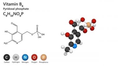 B6 vitamini (Pyridoksal fosfat) moleküler yapısı. 3 boyutlu görüntüleme. Kusursuz döngü. Kimyasal yapı modeli, top ve sopa. Beyaz arkaplan.