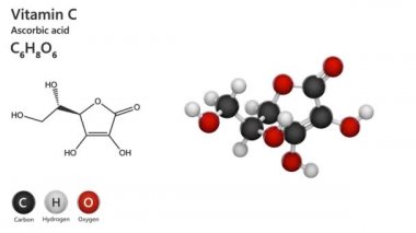 C vitamininin kimyasal yapısı (Ascorbic asit). Aynı zamanda askorbat olarak da bilinir. Formül: C6H8O6. 3 boyutlu görüntüleme. Kusursuz döngü. Kimyasal yapı modeli, top ve sopa. Beyaz arkaplan.